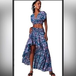 Free people top & hi low skirt. Teal & pink floral print. Size large